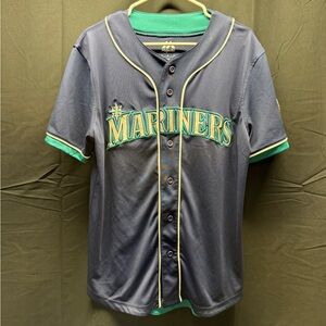 Majestic Navy and Green Button-Up Jersey sz M (12ag)